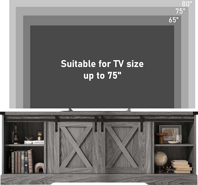 Farmhouse TV Stand for 70/75/80 Inch TV, Entertainment Center Storage Cabinets with Sliding Barn Doors, Media Console Cabinet for Living Room, Grey