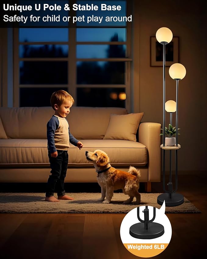 Lightdot Full Dimmable Floor Lamp for Living Room 3-Globe Standing Lamp with Table Candle Holder Style Black Tall Lamps for Bedroom Office Cafe with 3000K Soft Warmwhite Bulbs Included