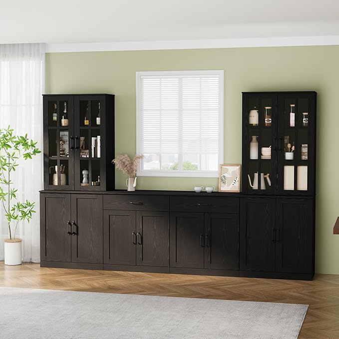 VOWNER 95" TV Stand for TVs up to 75", 4-Piece TV Hutch with Cabinets, Entertainment Center with Bookshelves, Modular TV Console for Living Room (2D+2F 黑)