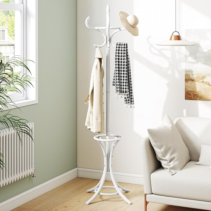 Tangkula Coat Rack with Umbrella Holder, 73 Inch Freestanding Coat Hanger Stand with 12 Hooks, Wooden Entryway Coat Tree for Clothes, Bags, Hats, Scarves, Living Room, Bedroom, Hallway (White)