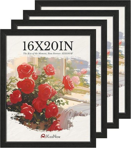16x20 Picture Frame 4 Pack, Textured Black Solid Wood, Wall Gallery Poster Frame