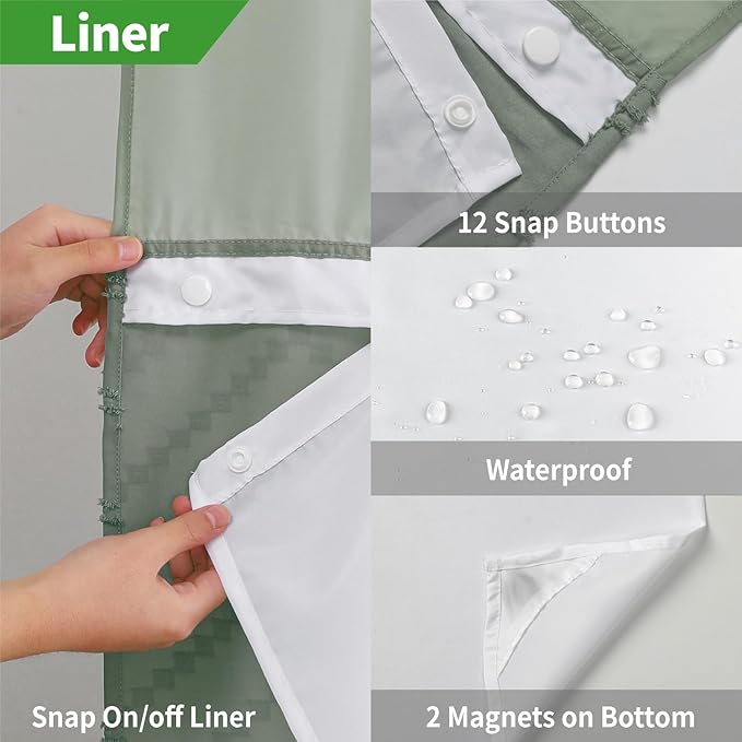 No Hook Tufted Chevron Striped Shower Curtain with Snap-in Fabric Liner set-71Wx74H(72H),Sage Green Hotel Grade Boho Style Shower Curtain with See Through Top Window,Water Repellent