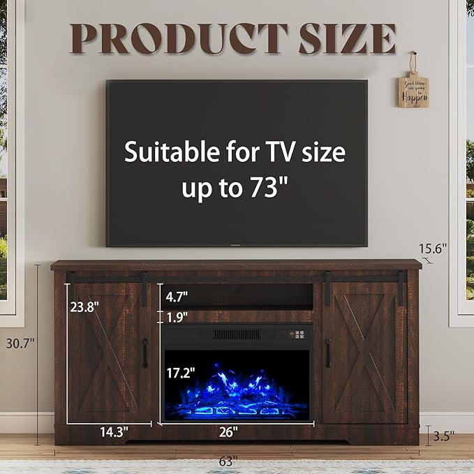 AMERLIFE Fireplace TV Stand with Sliding Barn Door for TVs up to 73", Farmhouse 63" Fireplace Entertainment Center with Storage Cabinets/Adjustable Shelves, Reclaimed Barnwood