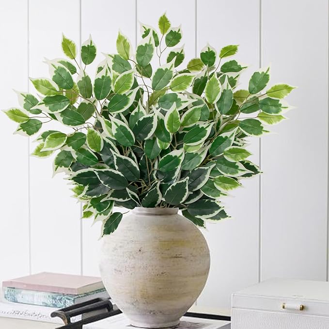 24PCS Ficus Leaves Artificial Branches - 24" Faux Ficus Greenery Tree Branches - Fake Leaves Sprays for DIY Arch Wedding Wall Decor - Green & White