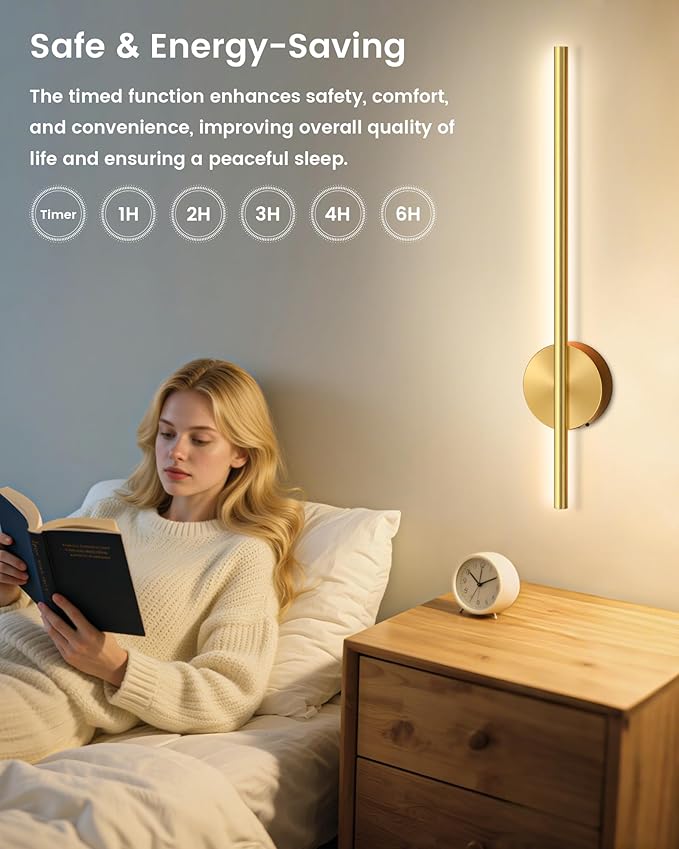 NIORSUN 27.6 Inch Battery Operated Wall Sconce Set of 2, Gold Minimalism Rechargeable Wall Lights with Remote, 3CCT Dimmable Wireless Wall Lamp for Living Room Bedroom Hallway