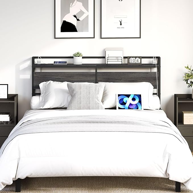 HOOBRO Headboard Queen Size, Headboard with 2 Outlets and 4 USB Ports, Adjustable Height, Storage Rack, Sturdy and Stable, Easy Assembly, Charcoal Gray and Black