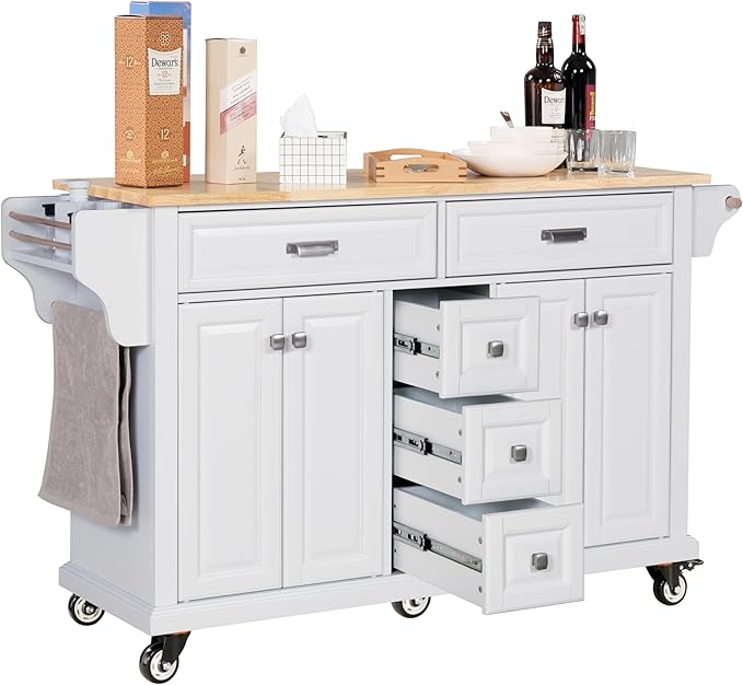 Generic 60.5"" Kitchen Island on Wheels, Rolling Island Table for Kitchen with Double Storage Cabinet and 5 Drawers, Portable Kitchen Cart with Rubber Wood Top, White, Large
