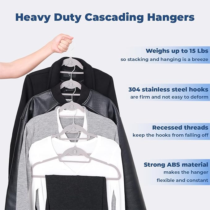 Grey Velvet Hangers 50 Pack, Felt Covered Non Slip Fabric with Stackable Cascading Hook, Ultra Thin and Space Saving with 360° Swivel Neck, 15Lbs Capacity for Clothes, Suit, Shirt, Coat