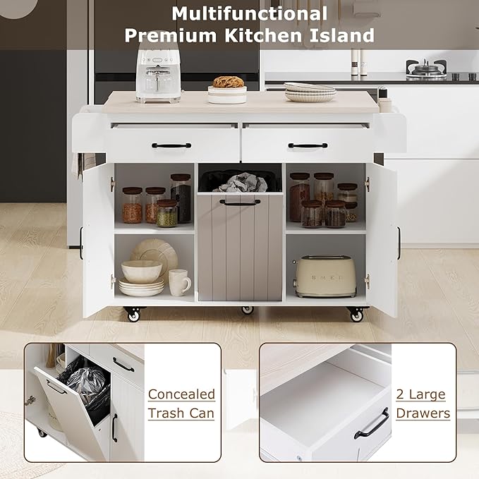 Kitchen Island with Storage & Drop Leaf, 51" Kitchen Rolling Island on Wheels with Spice Rack & Towel Rack, Kitchen Island Cart with Trash Can Storage, White