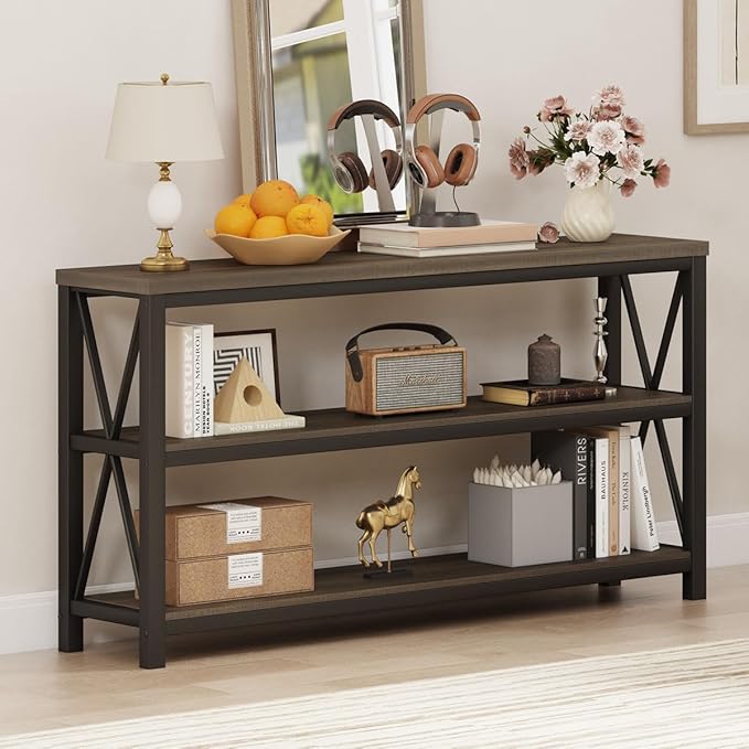 FATORRI Console Table for Entryway, Sofa Tables Behind Couch, Rustic Wood and Metal Foyer Table with 3 Tier Shelves for Hallway Living Room, Front Door (55 Inch, Walnut Brown)