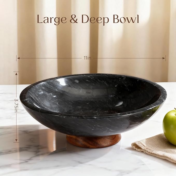 Black Marble Fruit Bowl with Acacia Wood Pedestal, Large Decorative Footed Bowl, Natural Stone Centerpiece for Kitchen Counter, Entryway, Keys, Dining Table, House Warming Gifts New Home(11Inch)