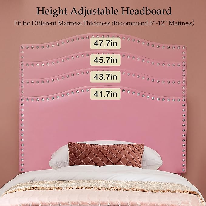 VECELO Twin Bed Frame Platform Bed Frame with Upholstered Headboard, Strong Frame and Heavy-Duty Slats Support, Non-Slip and Noise-Free, Easy Assembly,Pink