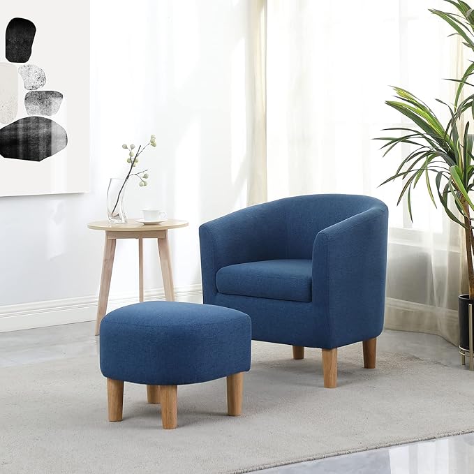 DAZONE Accent Chair Set of 2 Mid Century Modern with Ottoman Comfy Armchair Footrest Comfortable Living Room Chairs Upholstered Barrel Round Club Tub Sofa for Bedroom Reading Blue (D79402)
