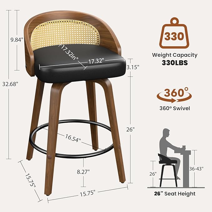 Rattan Bar Stools Set of 3, 26" Swivel Counter Height Bentwood Barstool, Mid-Century Modern PU Leather Upholstered Bar Chair with Back and Footrest, for Kitchen Island, Bar, Dining Room, Cafe