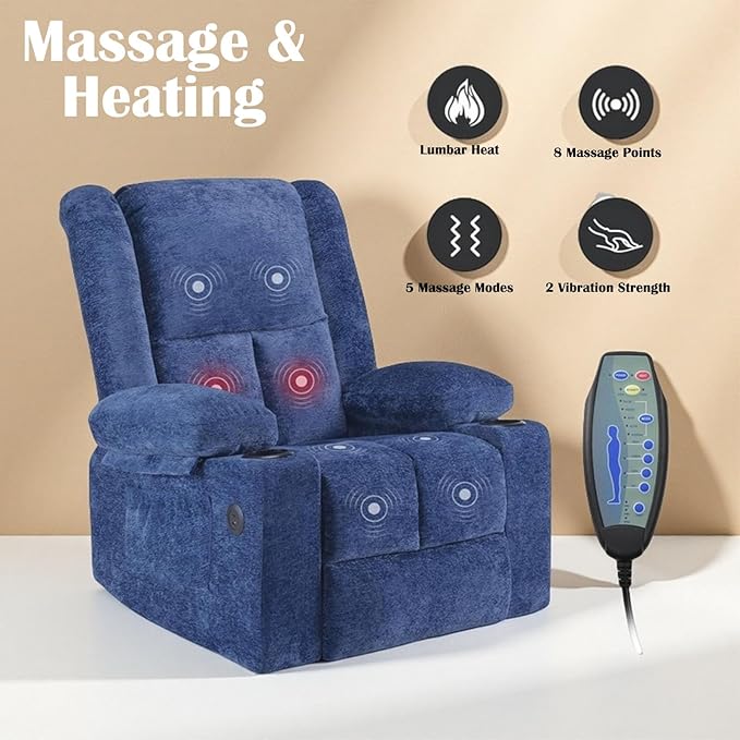 Electric Power Lift Recliner Chair,Reclining Chair with 8 Massage for Elderly,Recliner Single Sofa with 2 Cup Holders,Side Pockets,USB Charge Port,Remote Control for Living Room,Bedroom,Blue
