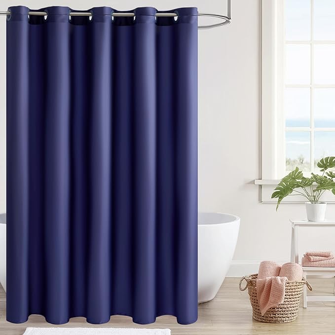 Furlinic No Hook Fabric Shower Curtain,Small Stall Shower Curtain Liner,Bathroom Curtains with 6 Plastic Split Grommets,Waterproof & Machine Washable,Navy Blue,Half Narrow 48x72 Inch.