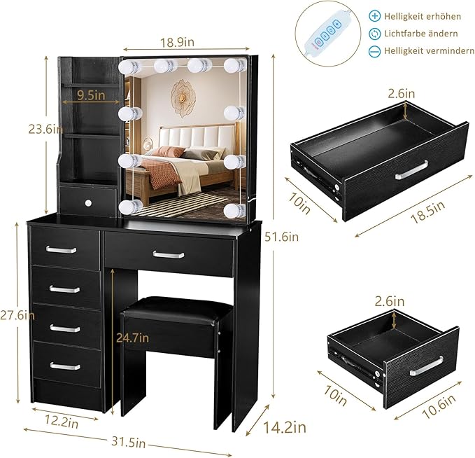 JBLCC Vanity Desk with Mirror and Lights, Black Makeup Vanity with 3-Color Lighted Sliding Mirror, 4 Drawers & Open Shelves, Small Vanity Table for Bedroom, Girls & Women