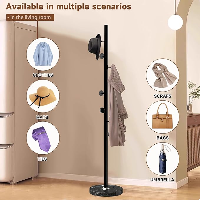 Metal Coat Rack Freestanding, Sturdy Coat Rack Stand with Natural Marble Base, Coat Racks Tree Hats Hanger Holder Stand for Entryway, Hallway, Bedroom(8 Hooks)