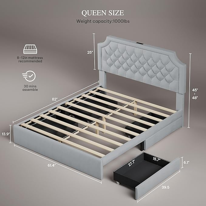 YITAHOME Queen Size Bed Frame with Adjustable Headboard, 4 Storage Drawers and Charging Station, Velvet Upholstered Bed Frame with Button Tufted, No Box Spring Needed, Fast Assembly, Noise-Free, Grey