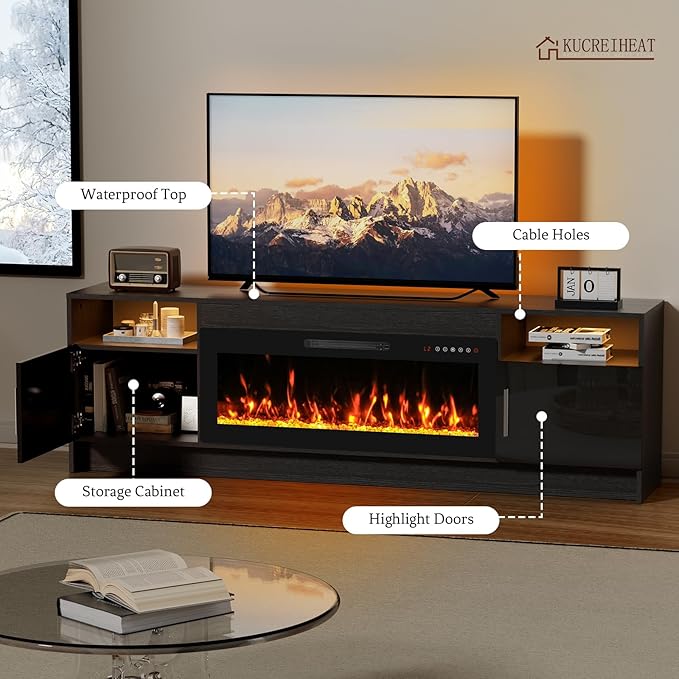 70'' TV Stand with Fireplace-Black Entertainment Center for 75+ inch TV- TV Cabinet with LED Light, Storage, High Glossy Door, Modern TV Console for Living Room
