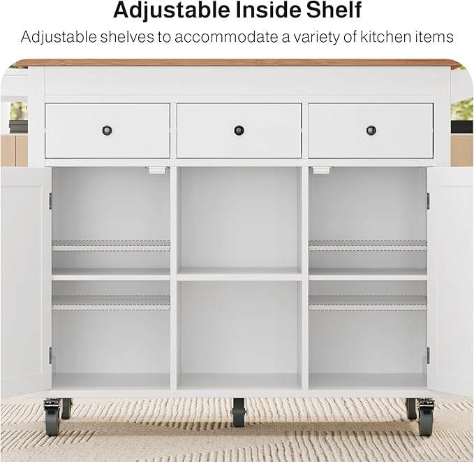 Ahomly Kitchen Island with Extendable Table for 2, 79.06" Extendable Kitchen Island Cart on Wheels with Storage Cabinet & 2 Open Shelves, Island Table for Kitchen with 3 Drawers, White