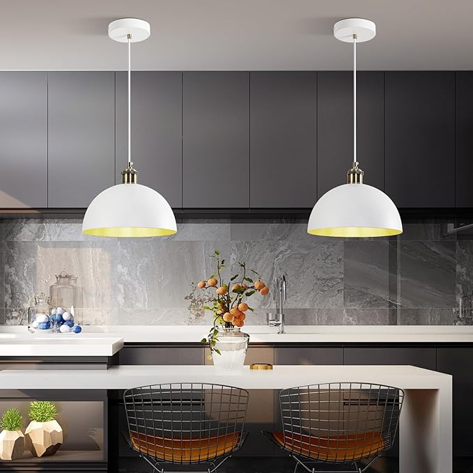 Vintage Industrial Pendant Light 9.84" Farmhous Dome Pendant Light White and Gold Finish Lighting lamp line Length 78.74" Kitchen Island, Bedroom, Corridor