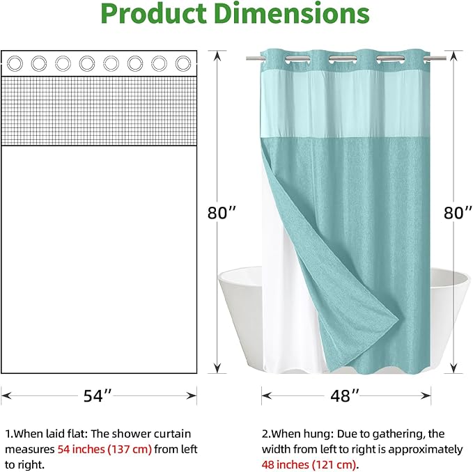 Stall No Hooks Needed Linen Textured Shower Curtain with Snap-in Fabric Liner Set,Hotel Luxury Decor Farmhouse Shower Curtains for Bathroom,Waterproof & Washable,54Wx80H,Teal