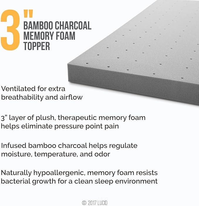 Lucid 3 Inch Bamboo Infused Memory Foam Mattress Topper - California King Size – Cooling Ventilation – Pressure Relieving Bed Topper - Mattress Pad – CertiPur Certified