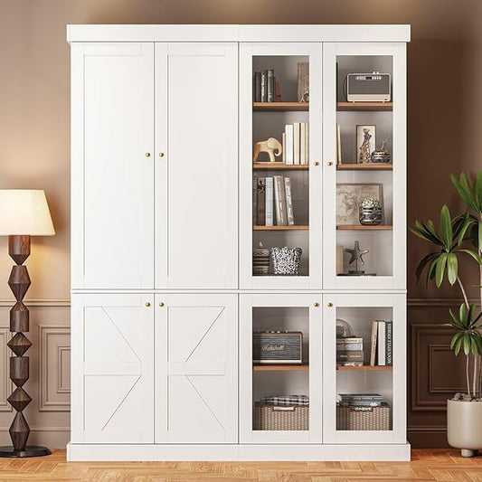 Vyre 70.8" Tall Farmhouse Bookshelf, Modular Bookcase with Glass Doors, 6-Tier Adjustable Shelves, Large Storage Cabinet for Kitchen, Living Room, White, Set of 2