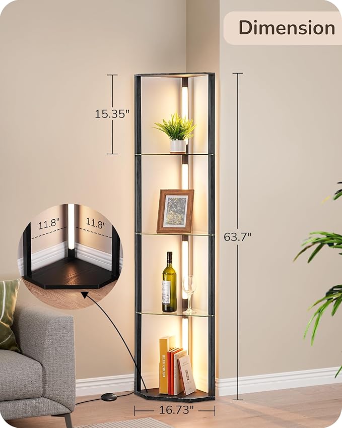 EDISHINE Modern Floor Lamp with Shelf, 5 Color Temperatures, 5-Tier Book Shelf with Light & Remote, Sturdy Floor Lamp for Living Room, Bedroom, Black