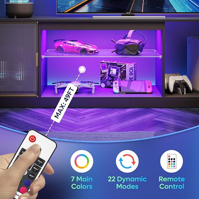 Bestier Modern TV Stand for 75/80 inch TV, LED Entertainment Center with Acrylic Doors & Adjustable Glass Shelf, 70” Media TV Console for PS5, Television Stands for Living Room, Black Carbon Fiber