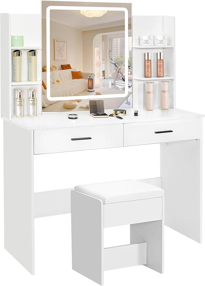 Vanity Desk with Mirror and Lights, 3-Color Lights Adjustable Brightness, White Vanity Makeup Desk with Drawer & Charging Station, Large Dressing Table Make Up for Bedroom