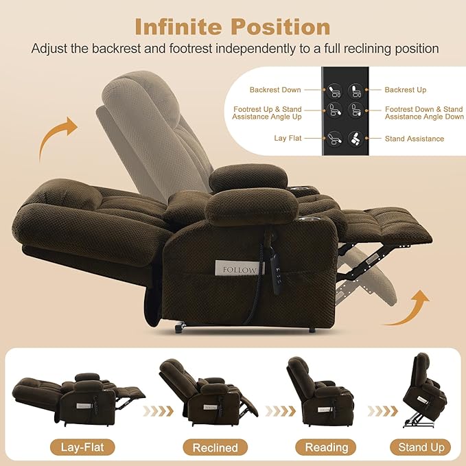 Large Dual Motor Power Lift Recliner Chair with Massage and Heat for Big Elderly People,USB & Type C Ports,Oversized Electric Lay Flat Recliners,Infinite Position,Side Pockets,Cup Holders(Brown)