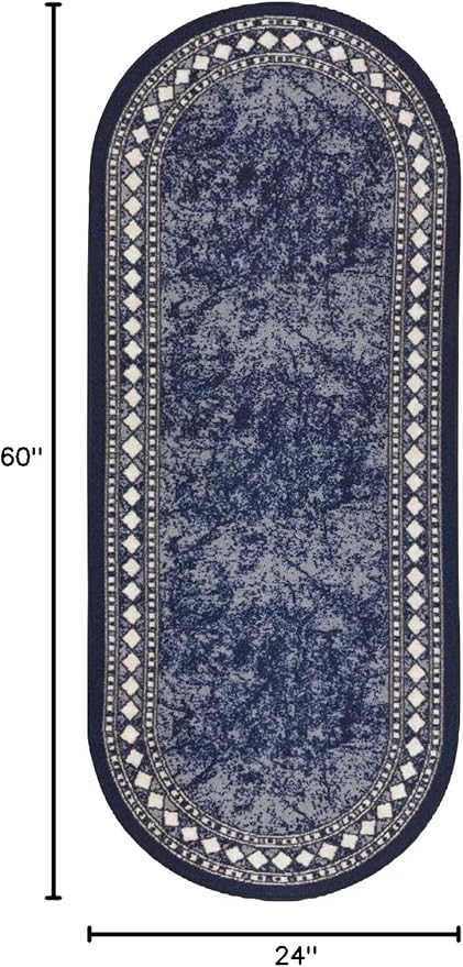 Antep Rugs Alfombras Modern Bordered 2x5 Non-Skid (Non-Slip) Low Profile Pile Rubber Backing Kitchen Area Rugs (Navy Blue, 2' x 5' Oval)