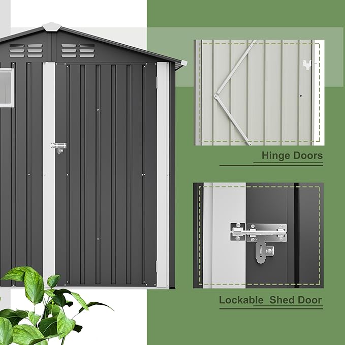 6x4 FT Outdoor Storage Shed with Windows Metal Garden Sheds with Lockable Doors Waterproof Galvanized Small Tool Storage Steel Sheds with Air Vents Sloping Roof Ideal for Backyard Patio Lawn Gray
