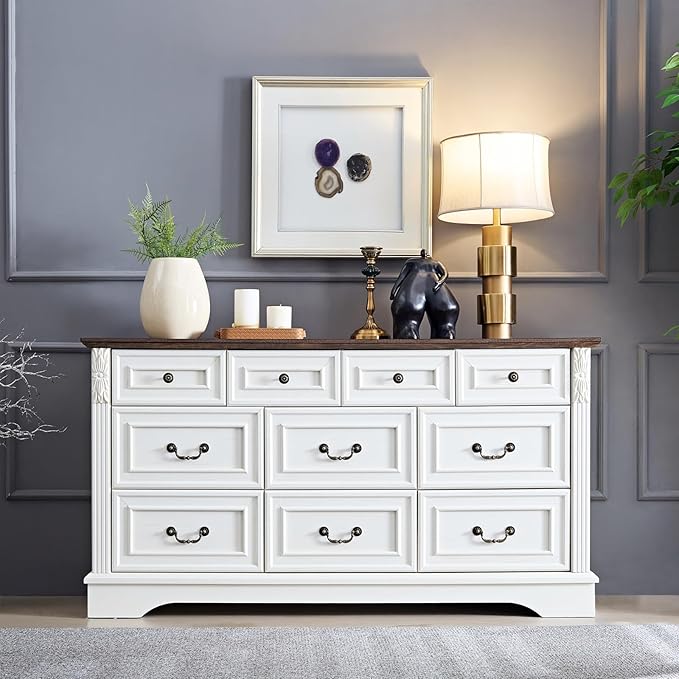 BLANKSPACE Farmhouse Dresser for Bedroom, 10 Chest of Drawers Antique White Cabinet Organizer with Carved Design for Living Room