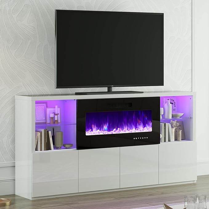 Modern Fireplace TV Stand for TVs up to 75", High Gloss Entertainment Center with 40" Fireplace, 4 Shelves & Storage Cabinets, Media Console Table 68 Inches, Gloss White