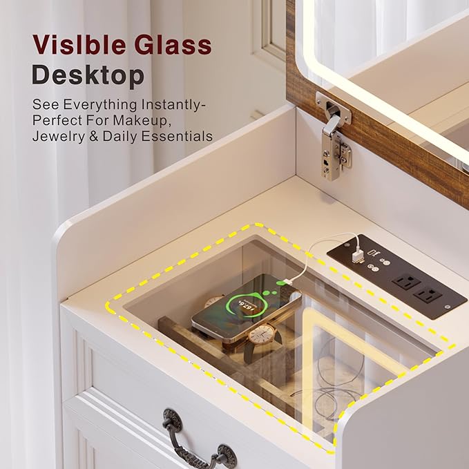 Lvifur 3 in 1 Vanity Desk with Flip Top Mirror and 3 Color Lights,Small Compact Vanity with Charging Station,Glass Top Makeup Vanity with 3 Drawers,Rolling Cushioned Stool