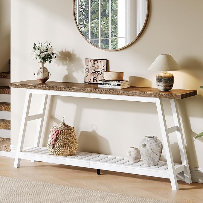 ChooChoo 70.9 Inch Long Console Tables for Entryway, Wood 2-Tier Entry Hallway Table, Narrow Sofa Table Behind Couch Table for Living Room, Entrance, White & Brown