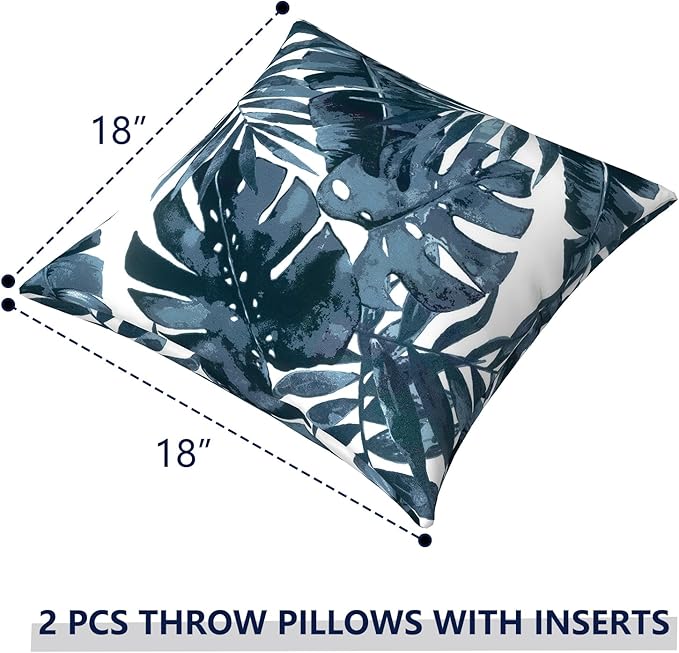 Outdoor Pillows for Patio Furniture 18x18 inch, Square Outdoor Throw Pillows with Inserts, Decorative Toss Pillows for Garden Couch Home Sofa Office Chair, Pack of 2, Palm Blue