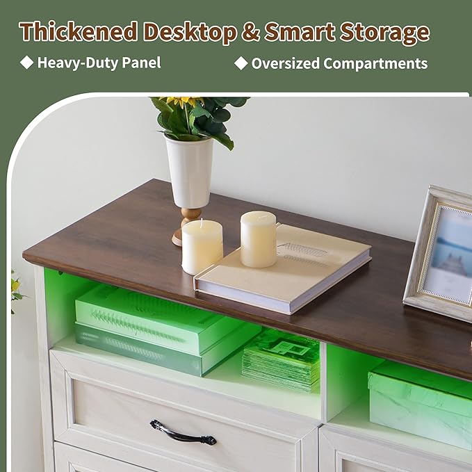 Vintage White Dresser for Bedroom,6 Drawers Dresser with LED Light,Power Outlets and Open Shelves,Chests of Drawers for 65 inch TV, for Hallway, Entryway