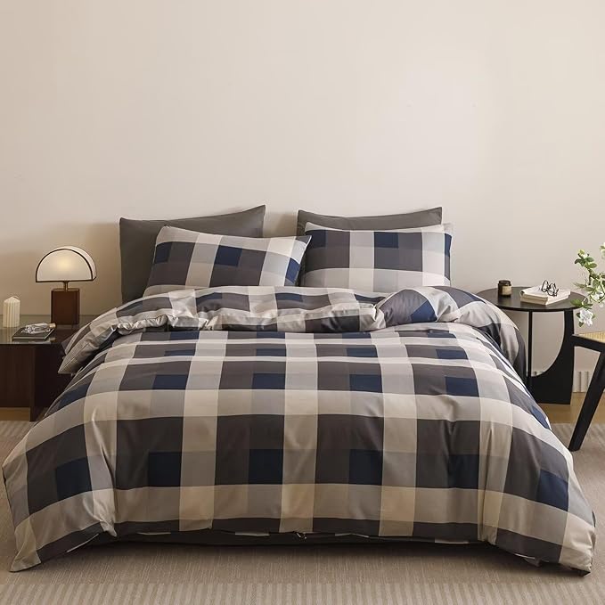 Cottonight Checkered Navy Comforter Set Cal King Gingham Grid Bedding Set Navy and Khaki Grid Comforter Fluffy Soft Blanket Quilts Modern Cottagecore Comforter California King Bed