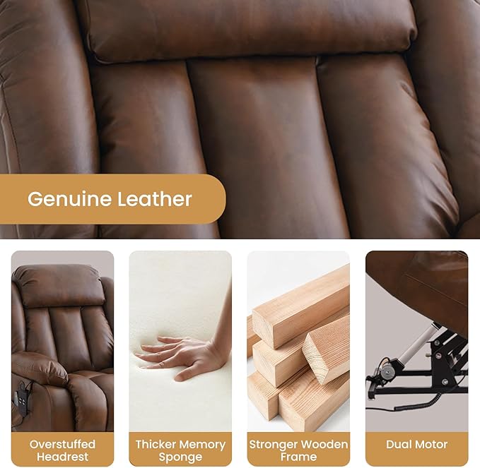 TEKAMON Power Lift Recliner Chair for Elderly, Dual Motor Genuine Leather Recliner with Heat & Massage, Lay Flat Sleeping Chairs with Infinite Position, Remote Control & USB Ports