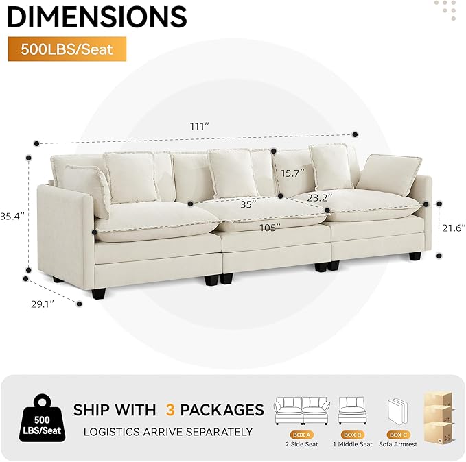 111'' Sectional Cloud Deep Seat Couch, Modern Comfy Chenille Modular Sectional Sofa for Living Room Set, Upholstered Modular 3-Seats Sofa Couch, Beige