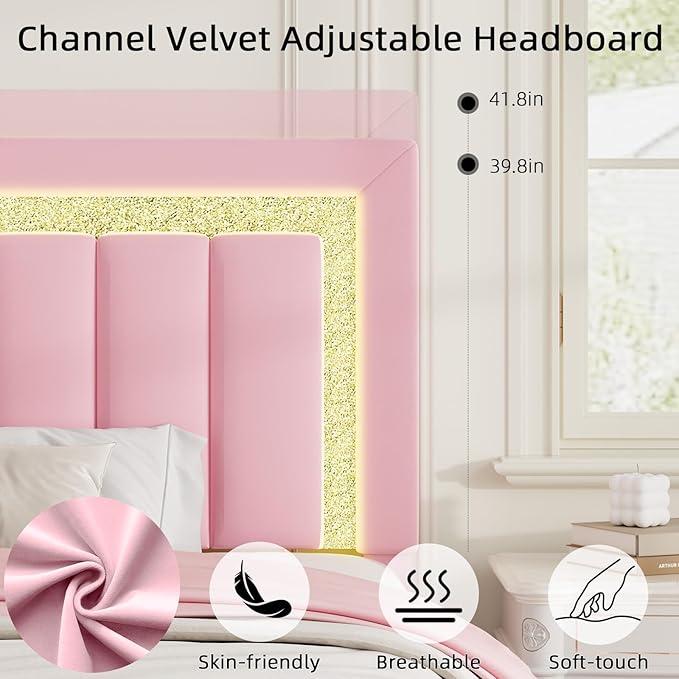 HOMBCK Twin Bed Frame with LED Lights and Velvet Upholstered Headboard, Bed Frame Twin Size with Modern Diamond Headboard Adjustable, Wooden Slats Support, Noise Free, No Box Spring Needed, Pink