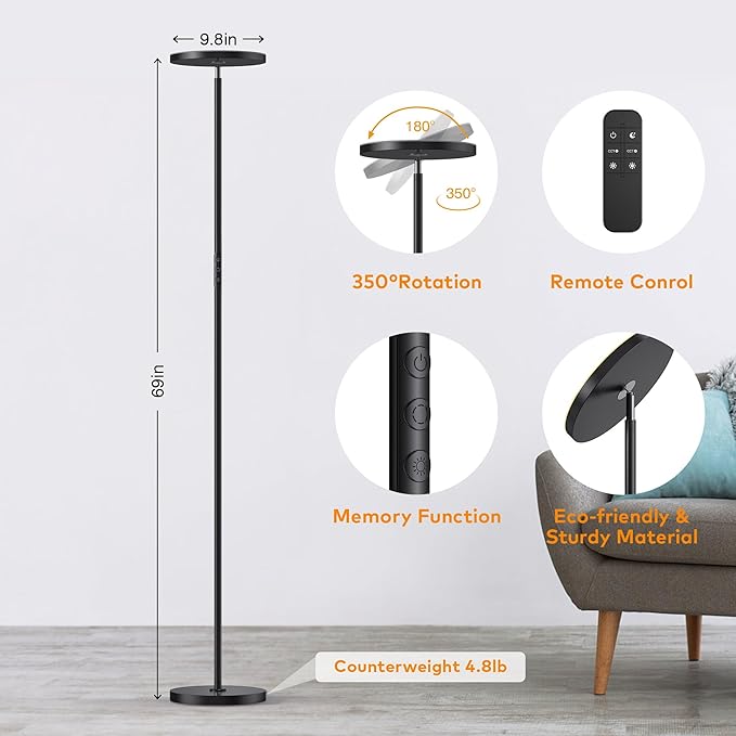 Bright Floor Lamp, 36W 3500LM Standing LED Lamp with Remote, Dimmable Torchiere Tall Lights 2700K Warm White to 6500K Cool White, Night Mode/Memory Function, for Living Room, Bedroom, Office (Black)