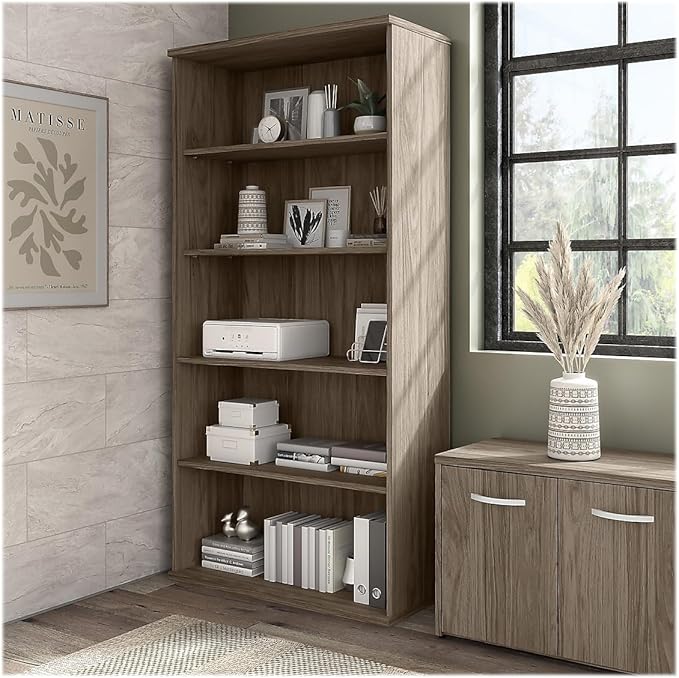 Bush Business Furniture Hybrid Tall 5 Shelf Bookcase in Modern Hickory