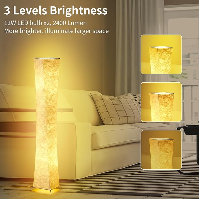 chiphy Floor Lamp, Dimmable 52" (S) Tall Standing Lamp, 3 Levels Adjustable Brightness 12Wx2 LED Bulbs, Column Floor Lamps, White Fabric Shade, Home Decor for Living Room, Bedroom, Kids Room