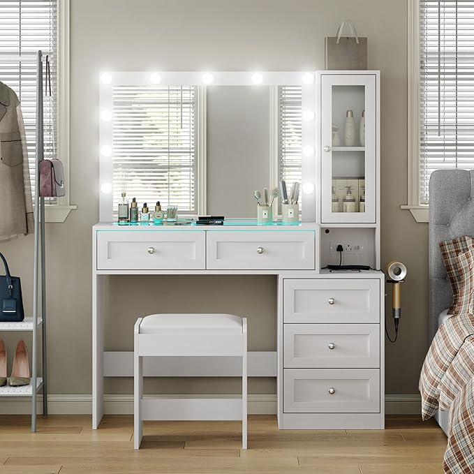 White 43" W Vanity Desk with Mirror & 11 Lights, 3 Drawer & 2 RGB Drawer Modern Makeup Desk with Glass top & Cushioned Stool, 3 Lighting Modes Brightness Adjustable,Power Outlet,Bedroom