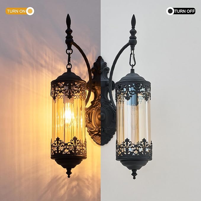 Rustic Wall Sconce with Amber Glass Vintage 2-Lights Antique Gothic Wall Light Fixture Retro Farmhouse Mid Centry Lantern Wall Sconce for Bedroom, Living Room, Mirror, Black, E12